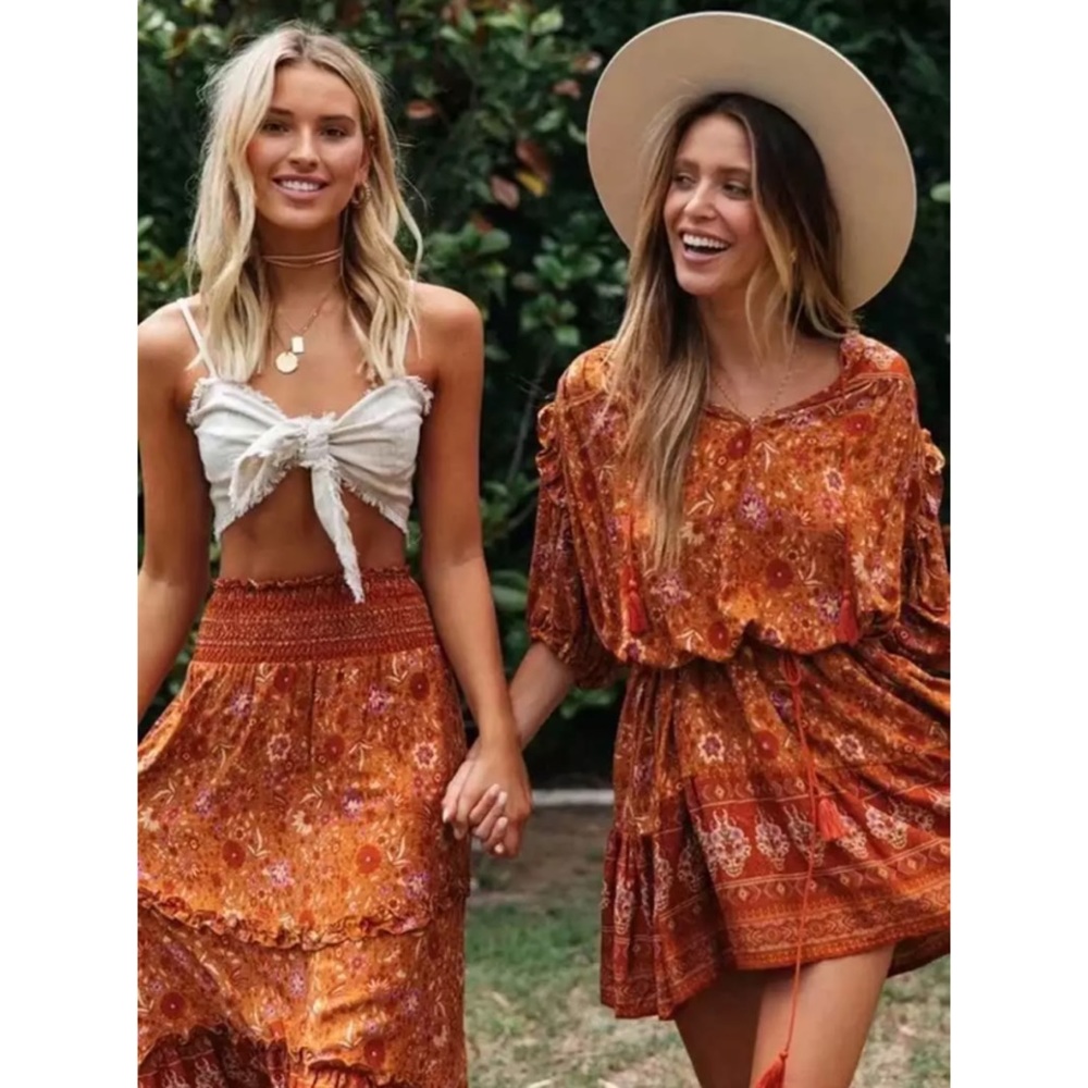 Rust Floral Bohemian Ruffle Mini Dress - Picture 6 of 9